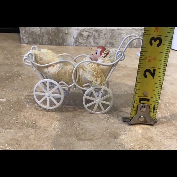 Bisque Porcelain Babydoll in Metal Carriage Ornament - Picture 5 of 6